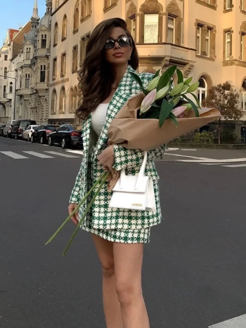 ZARA Tweeduu Blazer Skirt Set Green Ivory Blogger Fav Small